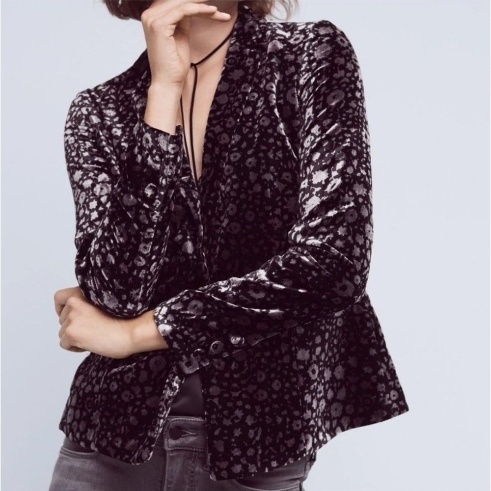 Anthropologie Elevenses Blazer Dress Jacket Lumi Velvet Velour Black Floral sz 4 - Picture 8 of 13